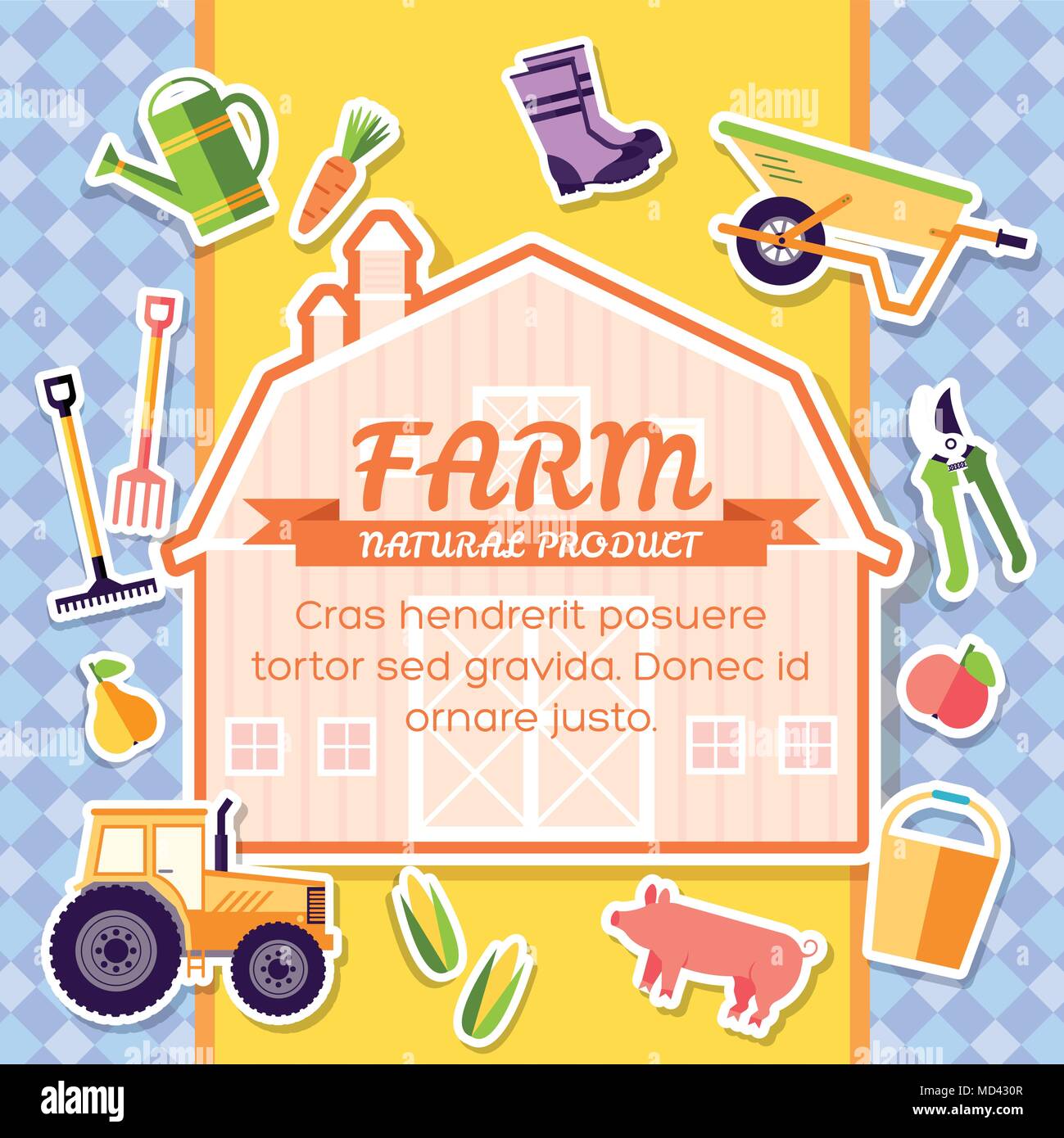 Attrezzature agricole elementi di sfondo su poster in stile adesivo design. Strumenti, fiori, ortaggi, frutta, fieno, fattoria, animali, trattore, strumenti di abbigliamento. Template vettoriale illustrazione della scheda Illustrazione Vettoriale