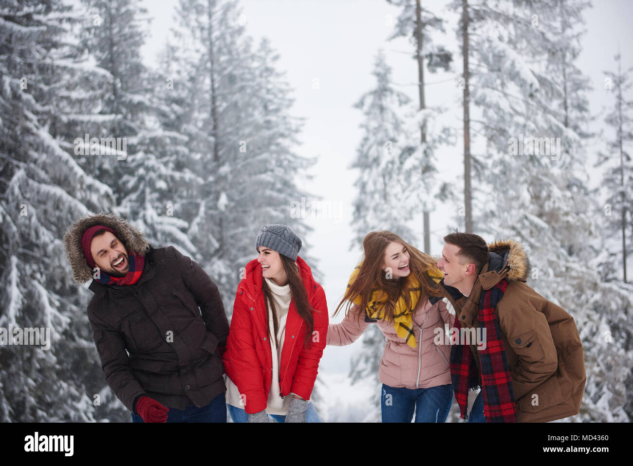 Gli amici di ridere in snow Foto Stock