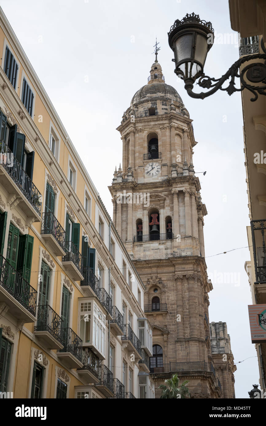 Torre di Catedral de la Encarnación de Malaga tra le strette stradine della città vecchia, Malaga, Costa del Sol, Andalusia, Spagna, Europa Foto Stock