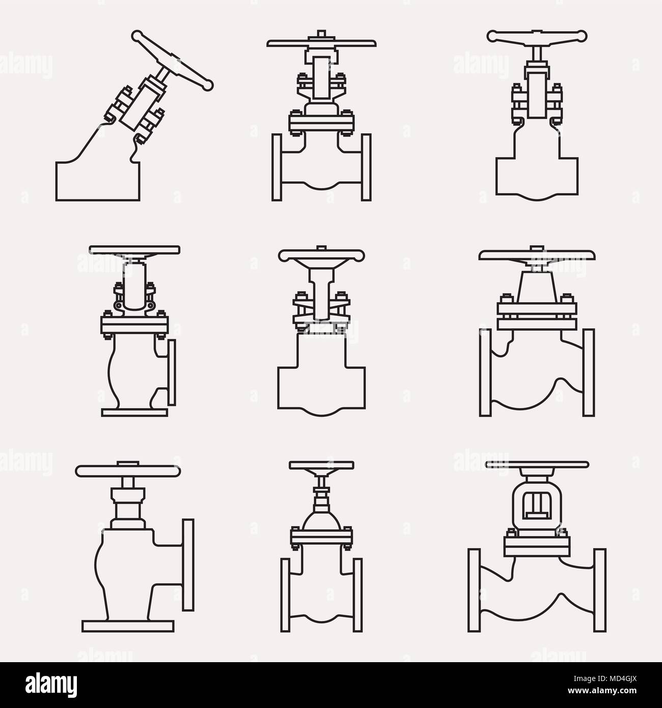 Set di varie forme per tubazione apparecchiature. Vettore di linea sottile Illustrazione Vettoriale
