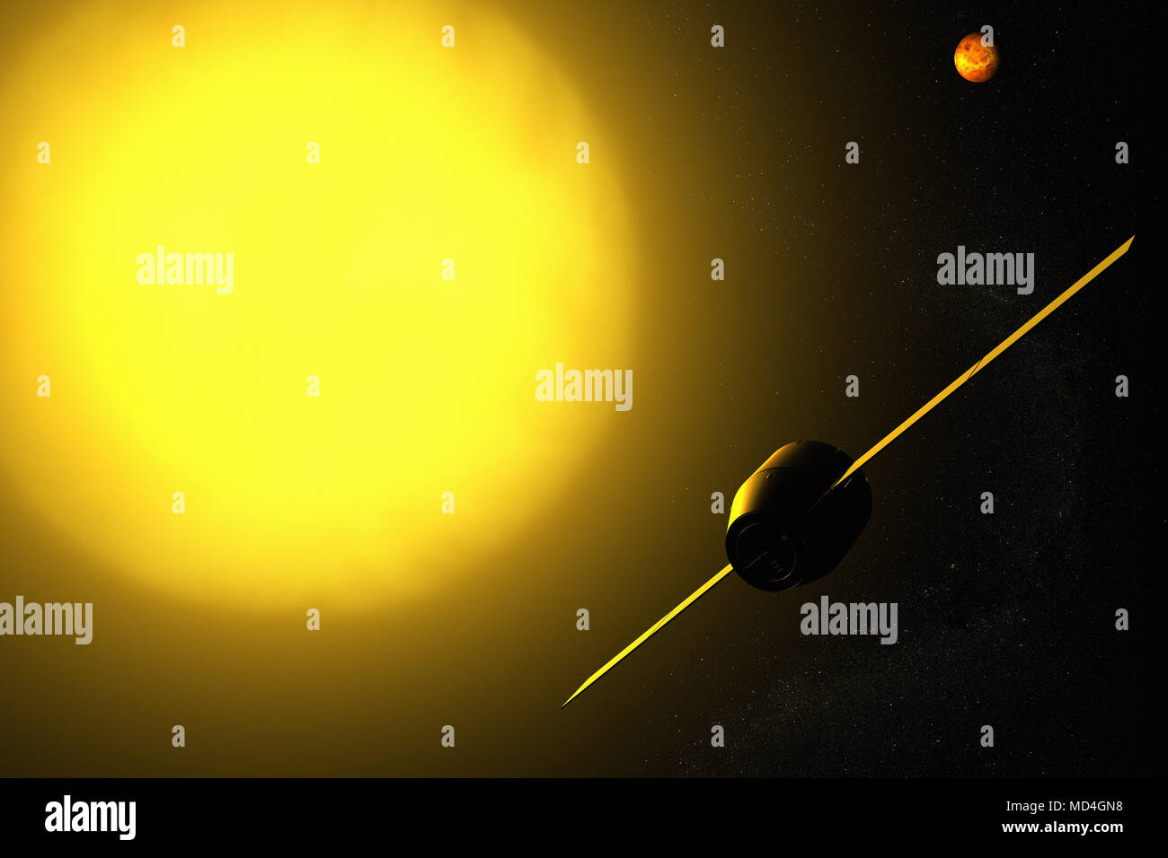 3D rendering di un veicolo spaziale aproaching Venere e il sole Foto Stock