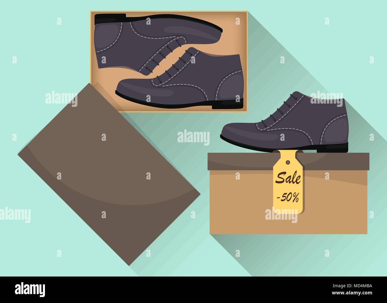 Moderno ed elegante scarpe maschili nella casella, vista laterale. In vendita con uno sconto del 50%. S Uomo scarpe casual. Illustrazione di una calzatura store. Vettore illust piatta Illustrazione Vettoriale