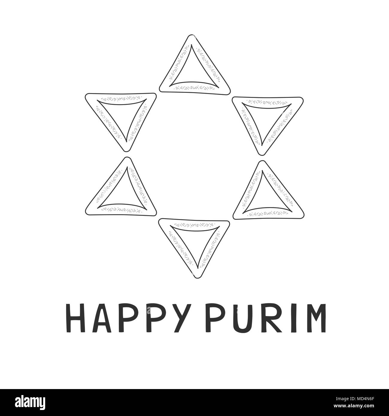Purim holiday design piatto nero sottile linea icone di hamantashs nella stella di davide forma con un testo in inglese 'Happy Purim'. Eps vettoriali10 illustrazione. Illustrazione Vettoriale