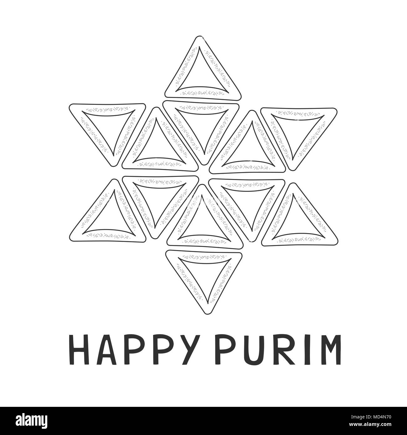 Purim holiday design piatto nero sottile linea icone di hamantashs nella stella di davide forma con un testo in inglese 'Happy Purim'. Eps vettoriali10 illustrazione. Illustrazione Vettoriale