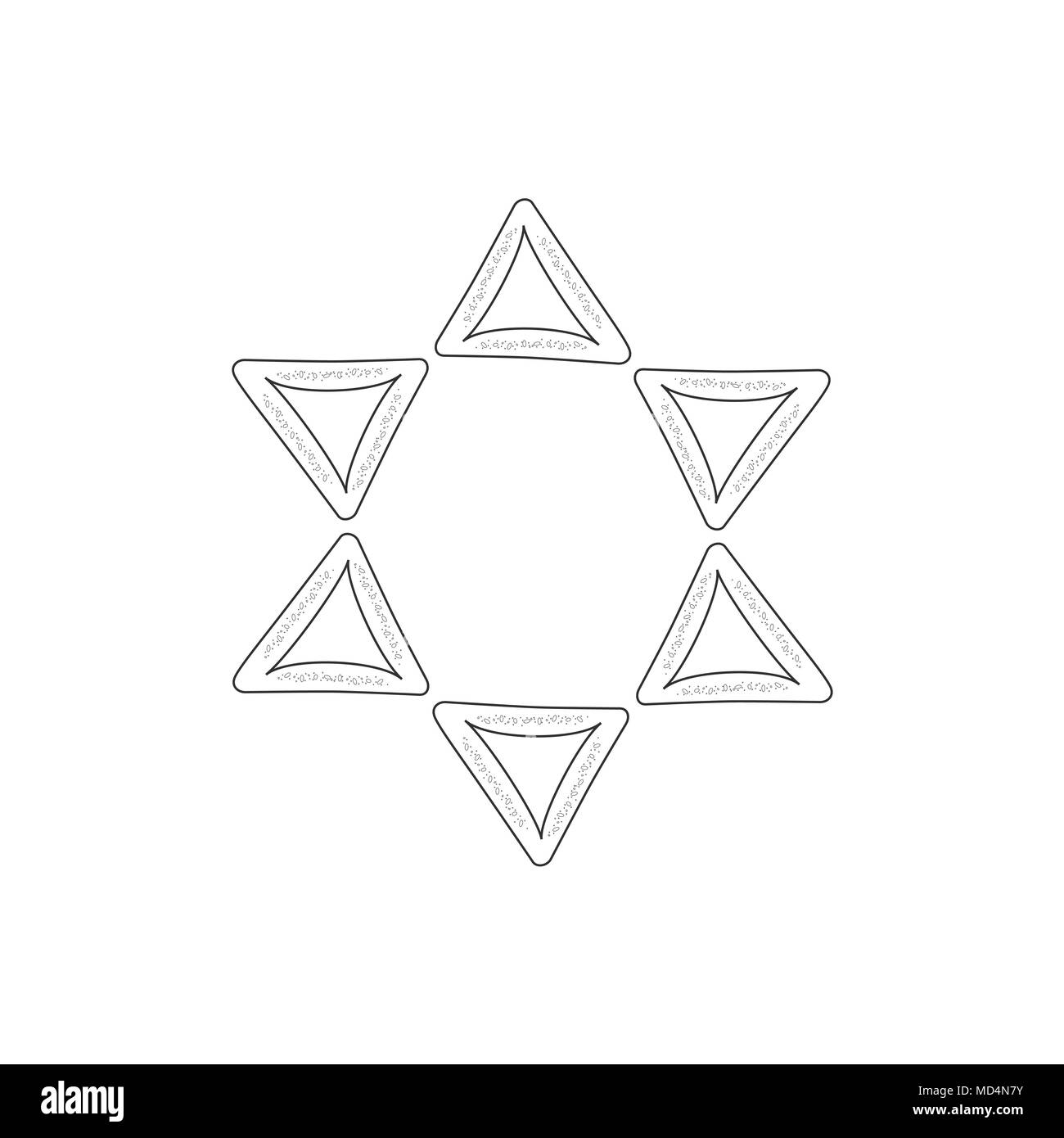 Purim holiday design piatto nero sottile linea icone di hamantashs nella stella di davide forma. Eps vettoriali10 illustrazione. Illustrazione Vettoriale
