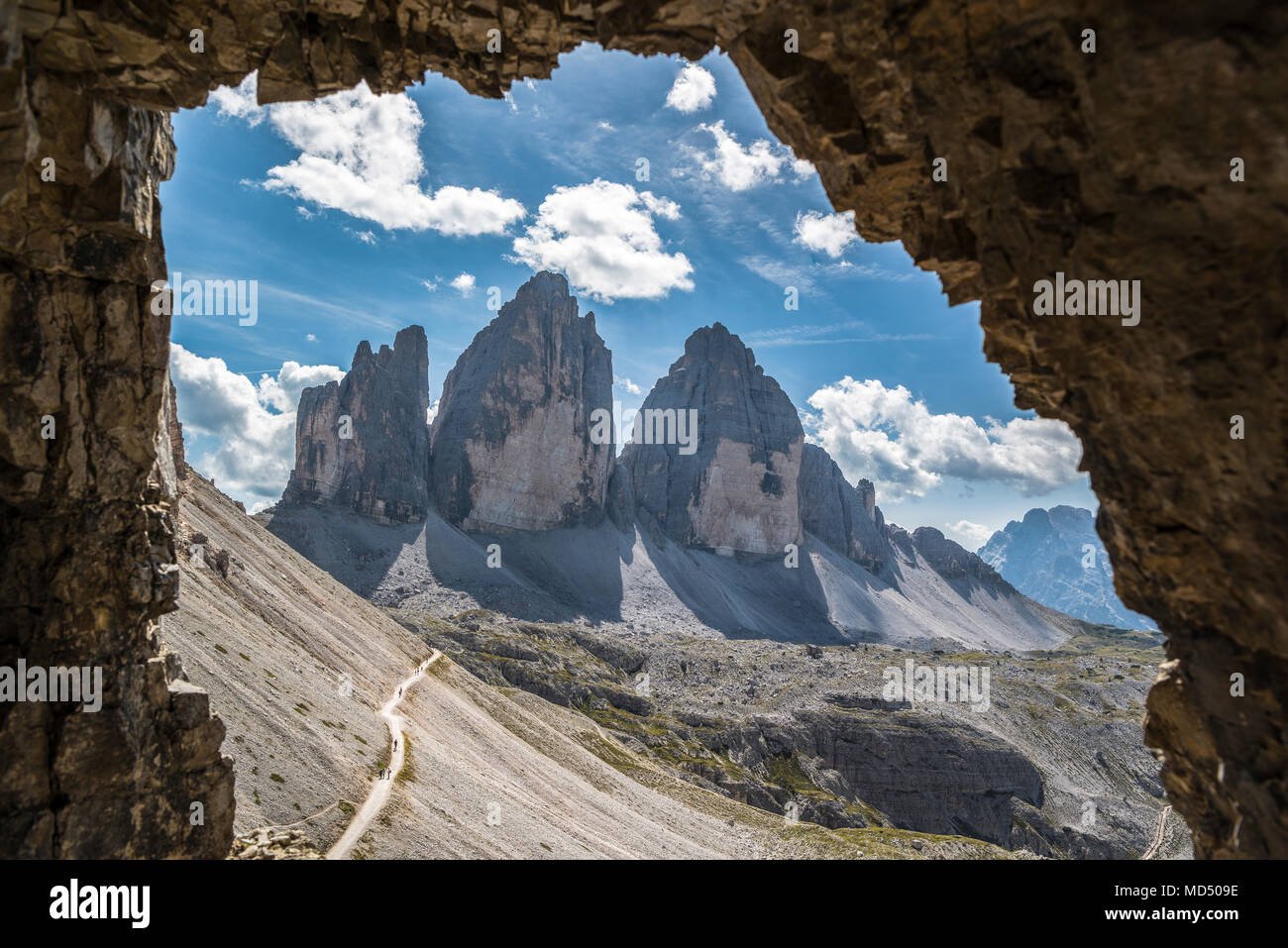 Tre Cime di Lavaredo, Tre Cime del Parco Naturale delle Dolomiti, Alto Adige, Italia Foto Stock