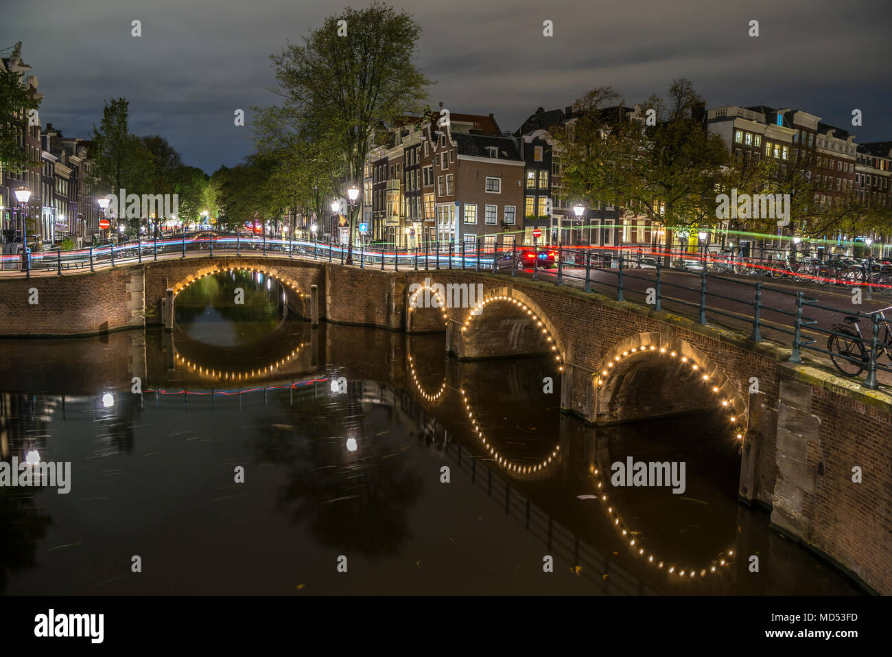 Reguliersgracht di notte, Amsterdam, Olanda, Paesi Bassi Foto Stock