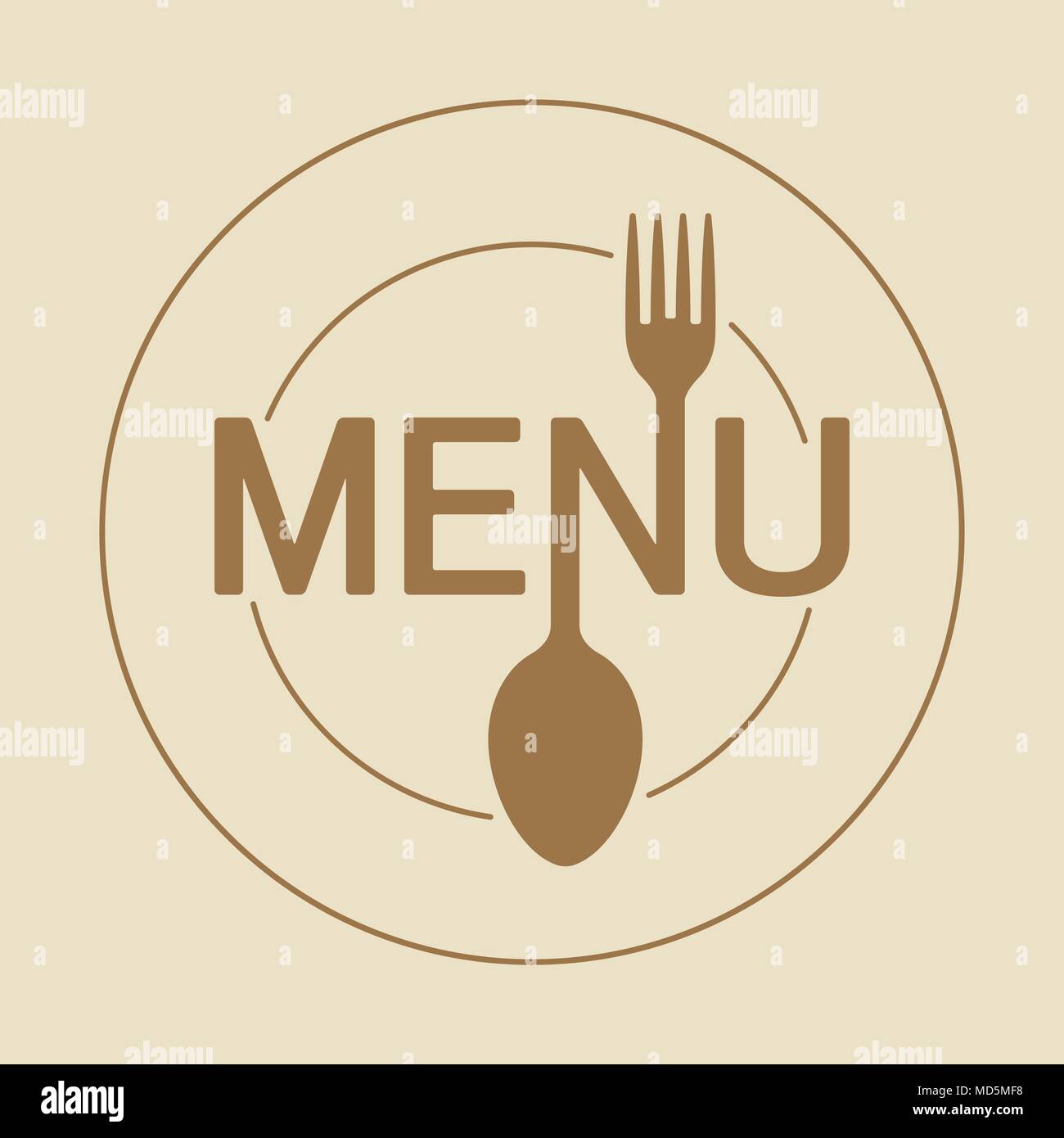 Menu icona rotonda con stilizzata del cucchiaio e forchetta e piatto in delicato beige e marrone a gamma. Illustrazione Vettoriale