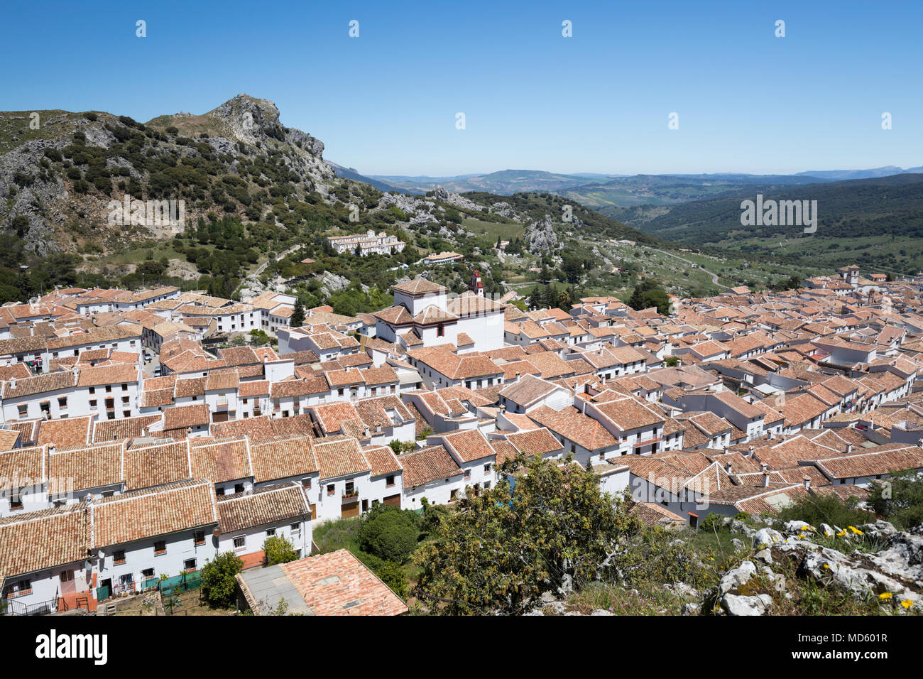 Vista su bianco andaluso village, Grazalema, Sierra de Grazalema parco naturale, Andalusia, Spagna, Europa Foto Stock