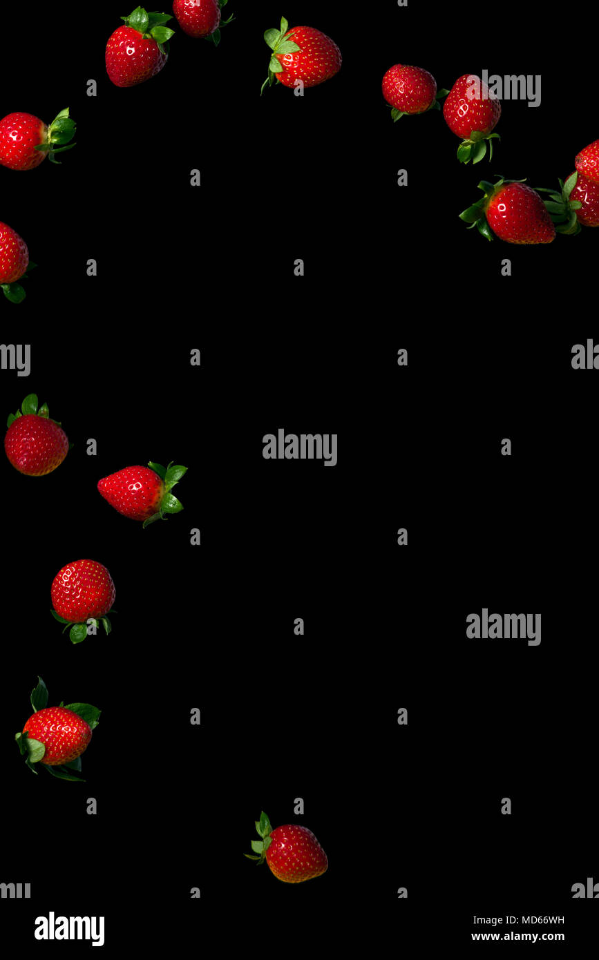 Fragole all'aria. Succose bacche mature su sfondo nero Foto Stock