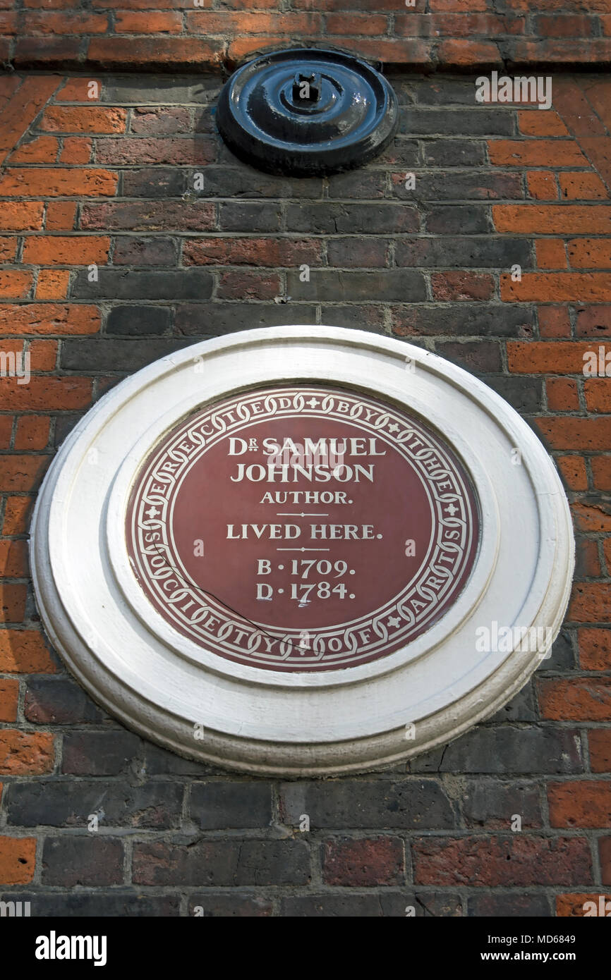 Società di arti marrone marcatura di placca la casa del medico autore Samuel Johnson, gough Square, Londra, Inghilterra Foto Stock