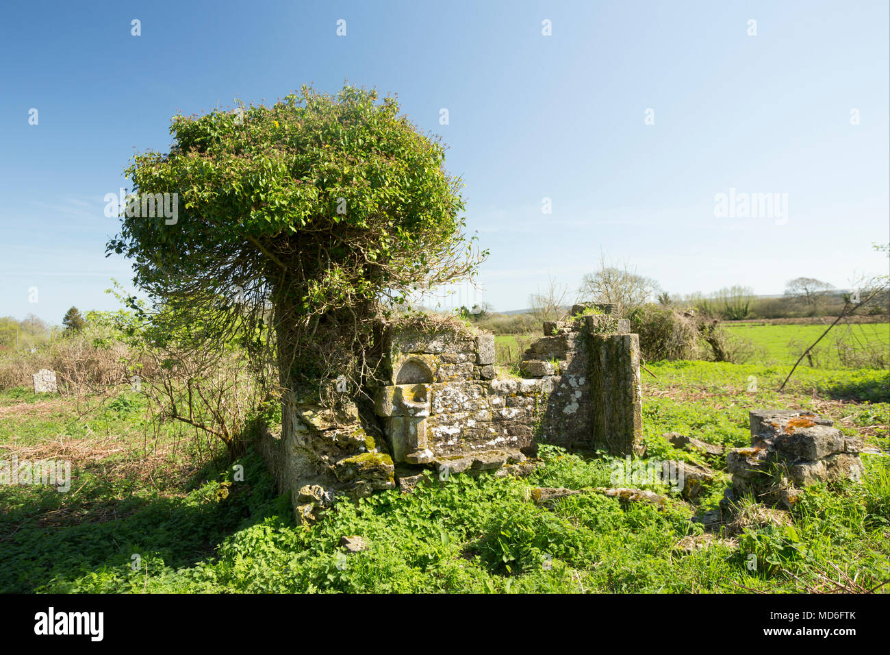Rimane la chiesa di Santa Maria e il cimitero est Stoke Dorset England Regno Unito. Un segno presso il sito afferma che la maggior parte della chiesa risale al XV sec. Foto Stock