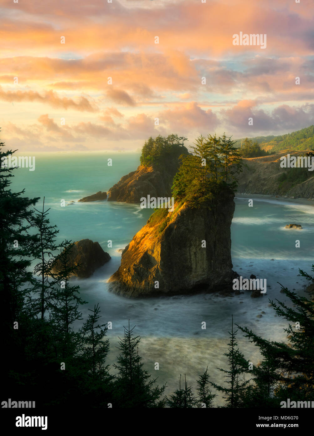 Arch Rock e al tramonto. Samuel H. Boardman parco statale, Oregon Foto Stock