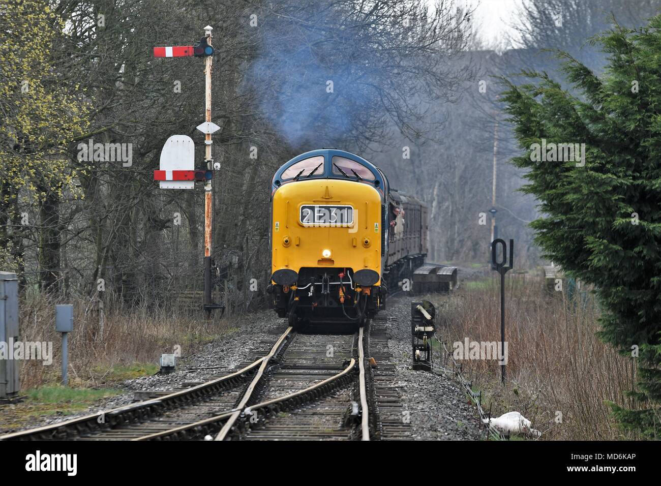 Ramsbottom, Lancashire, Regno Unito. 14 aprile 2018 Deltic locomotiva diesel 'Alycidon' D9009 Classe 55 Foto Stock