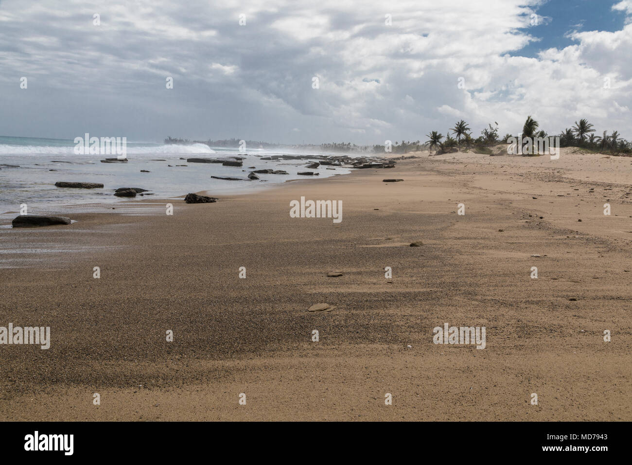 Camuy, Puerto Rico, 15 marzo 2018 - La spiaggia e le dune di sabbia lungo la costa del nord del Porto Rico che sono stati compromessi da fenomeni di erosione e di interazione umana. Le tecniche di mitigazione sono attuati per accelerare l'accumulo di sabbia nel compromesso aree di spiaggia in un modo che sarà uniformemente a recuperare e ripristinare le dune di protezione "barriere' in Puerto Rico. Università di Puerto Rico i consiglieri tecnici ispezionare periodicamente la spiaggia in erosione Camuy, Puetro Rico. FEMA collabora con agenzie federali, lo stato e le comunità locali, le province, i comuni e le organizzazioni di volontariato attive in Foto Stock