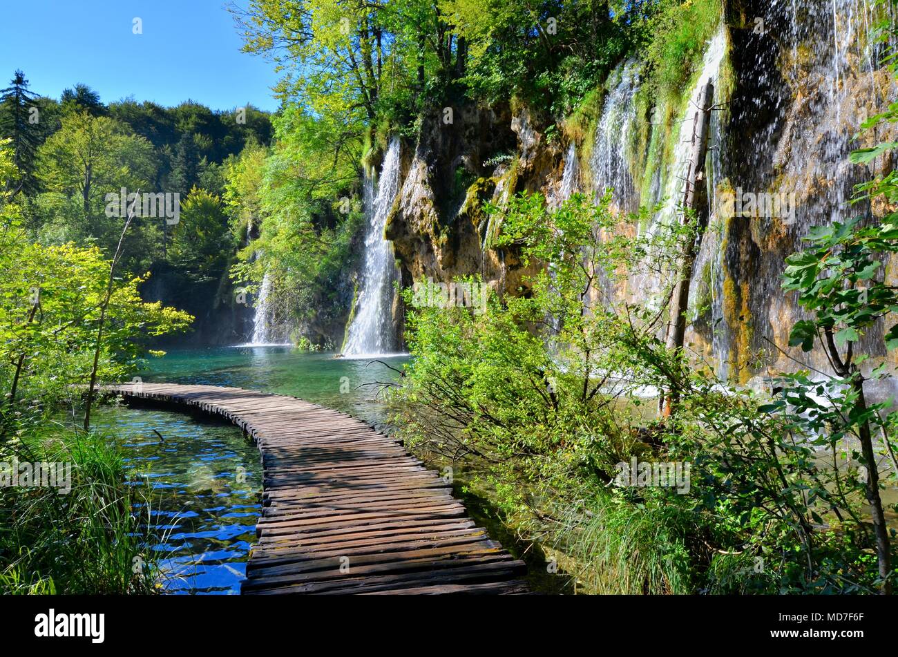 Il Boardwalk attraverso le cascate del Parco Nazionale dei Laghi di Plitvice, Croazia Foto Stock