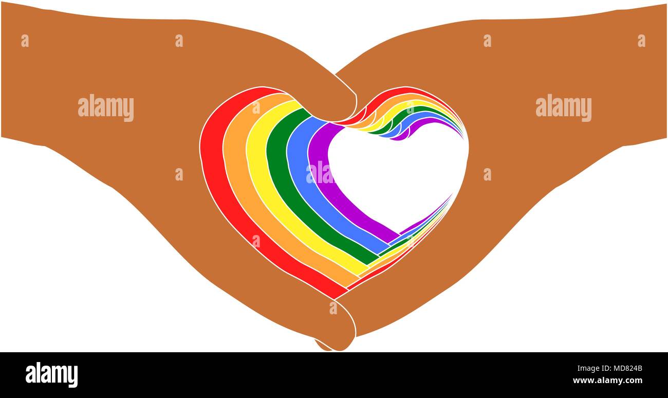 Supporto concetto LGBTQ. Sette coppie di mani colorate nel cuore forme su trasparente (bianco) sfondo, illustrazione vettoriale. Illustrazione Vettoriale