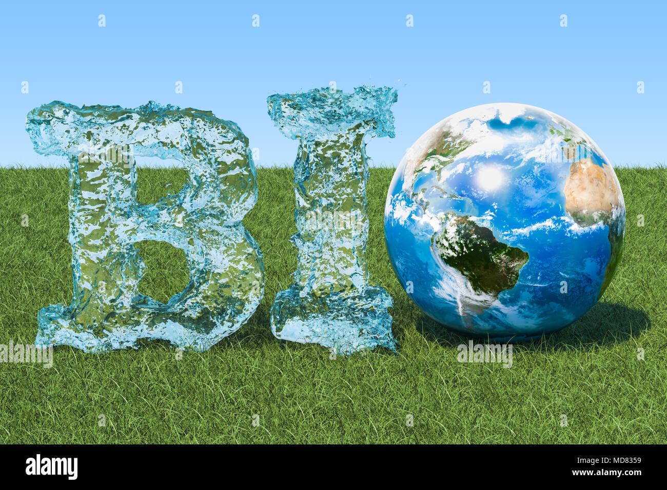 Bio concetto. Bio iscrizione da acqua con globo terrestre sull'erba verde contro il cielo blu, rendering 3D Foto Stock