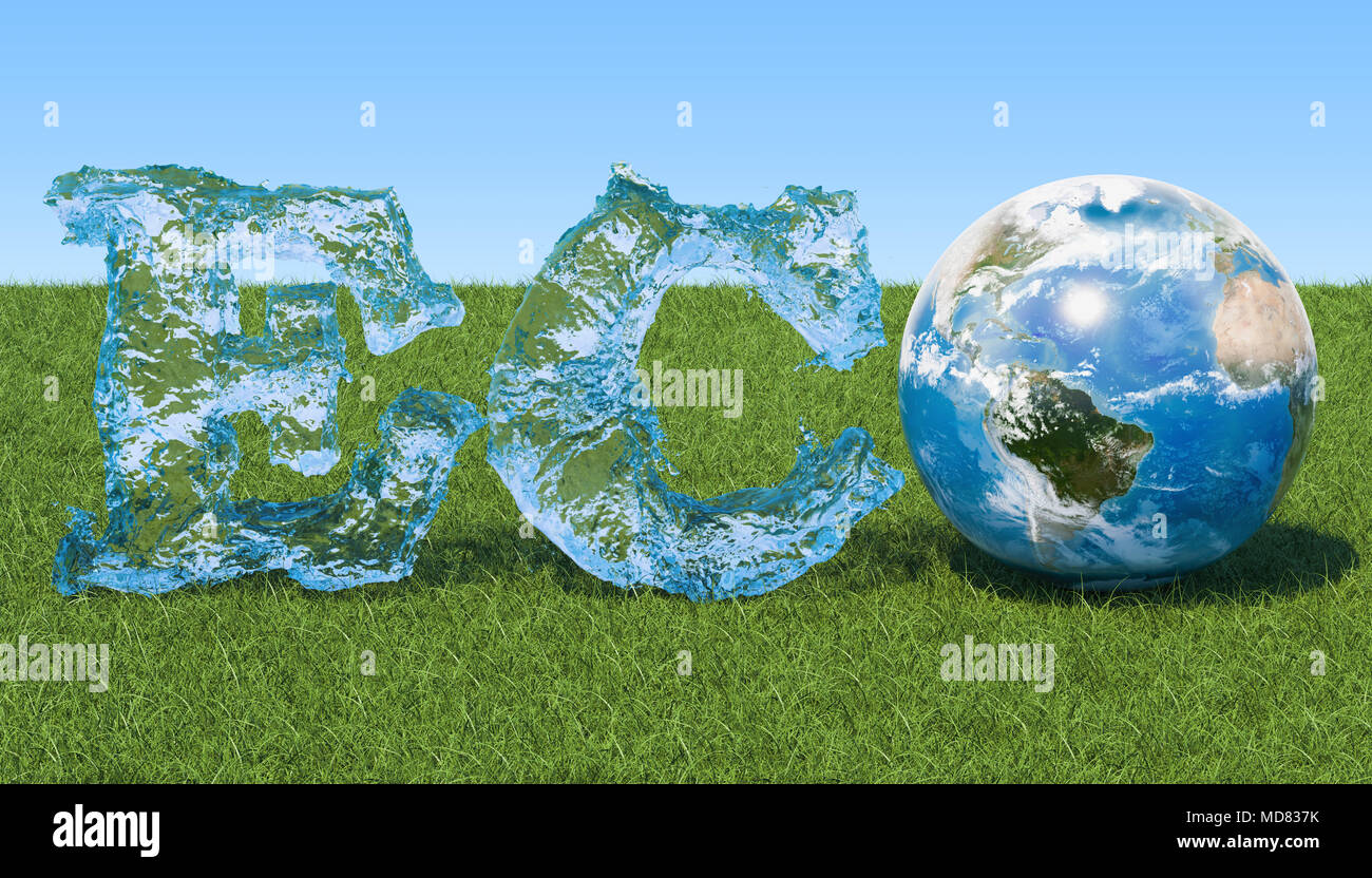 Concetto di eco. Eco iscrizione da acqua con globo terrestre sull'erba verde contro il cielo blu, rendering 3D Foto Stock