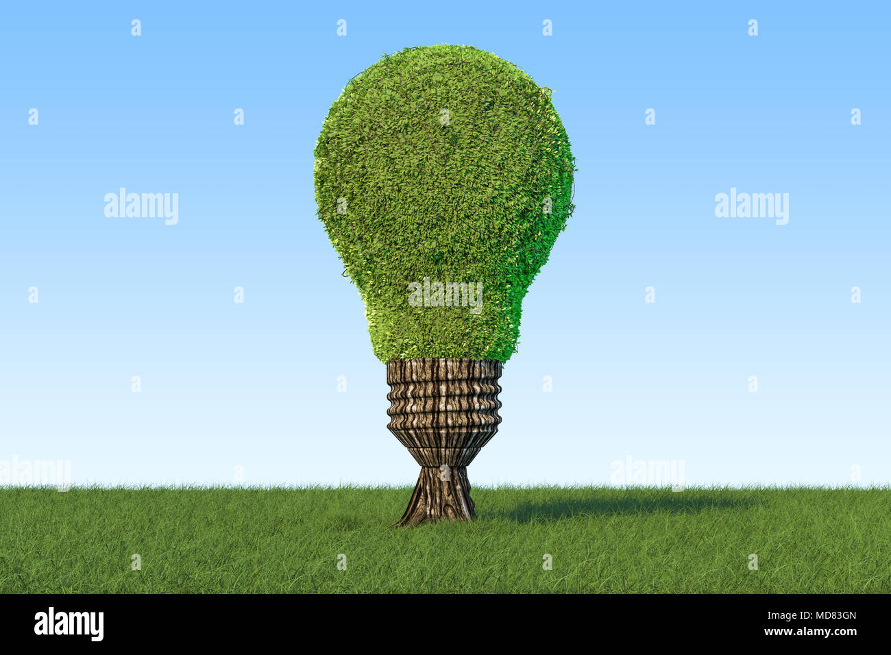 Fonti di energia rinnovabili concetto. Albero a forma di lampadina sull'erba verde contro il cielo blu, rendering 3D Foto Stock