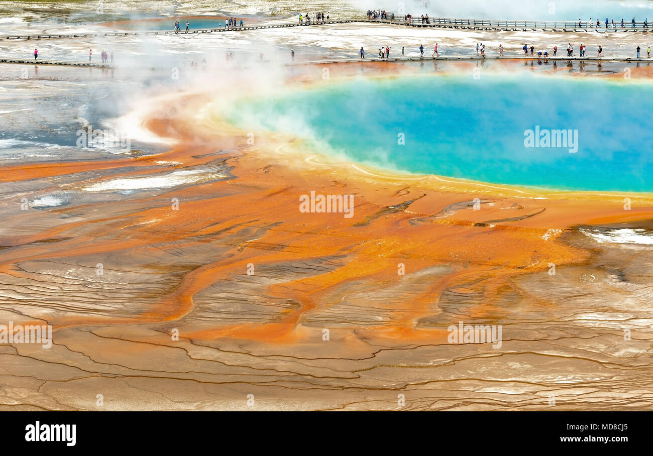 Grand Prismatic Spring with People, parco nazionale di Yellowstone, Wyoming, Stati Uniti. Foto Stock