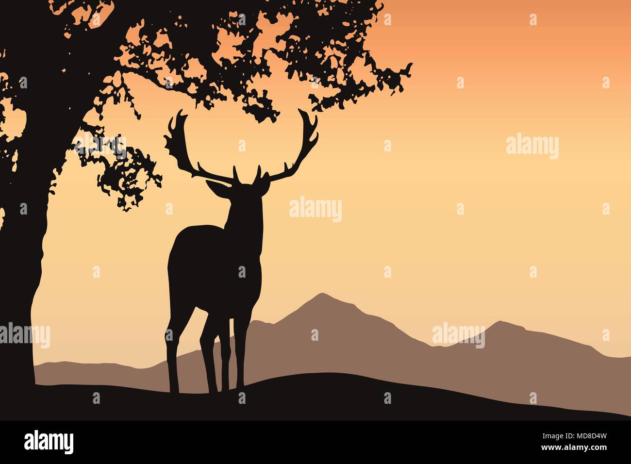 Cervo con corna in piedi sotto un albero a foglie decidue in un paesaggio di montagna sotto un cielo arancione - vettore con lo spazio per il tuo testo Illustrazione Vettoriale