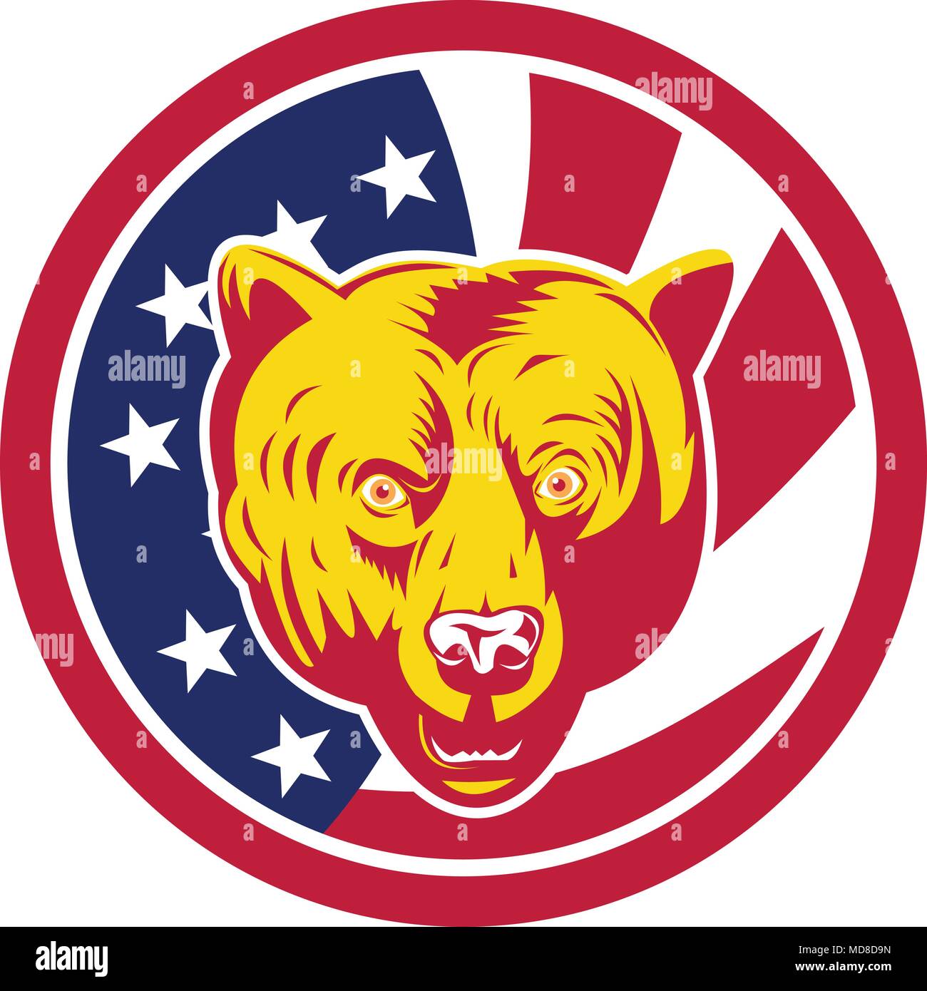Icona di stile retrò illustrazione di un americano di orso bruno o California grizzly testa con gli Stati Uniti d'America USA star lamas banner o stelle un Illustrazione Vettoriale