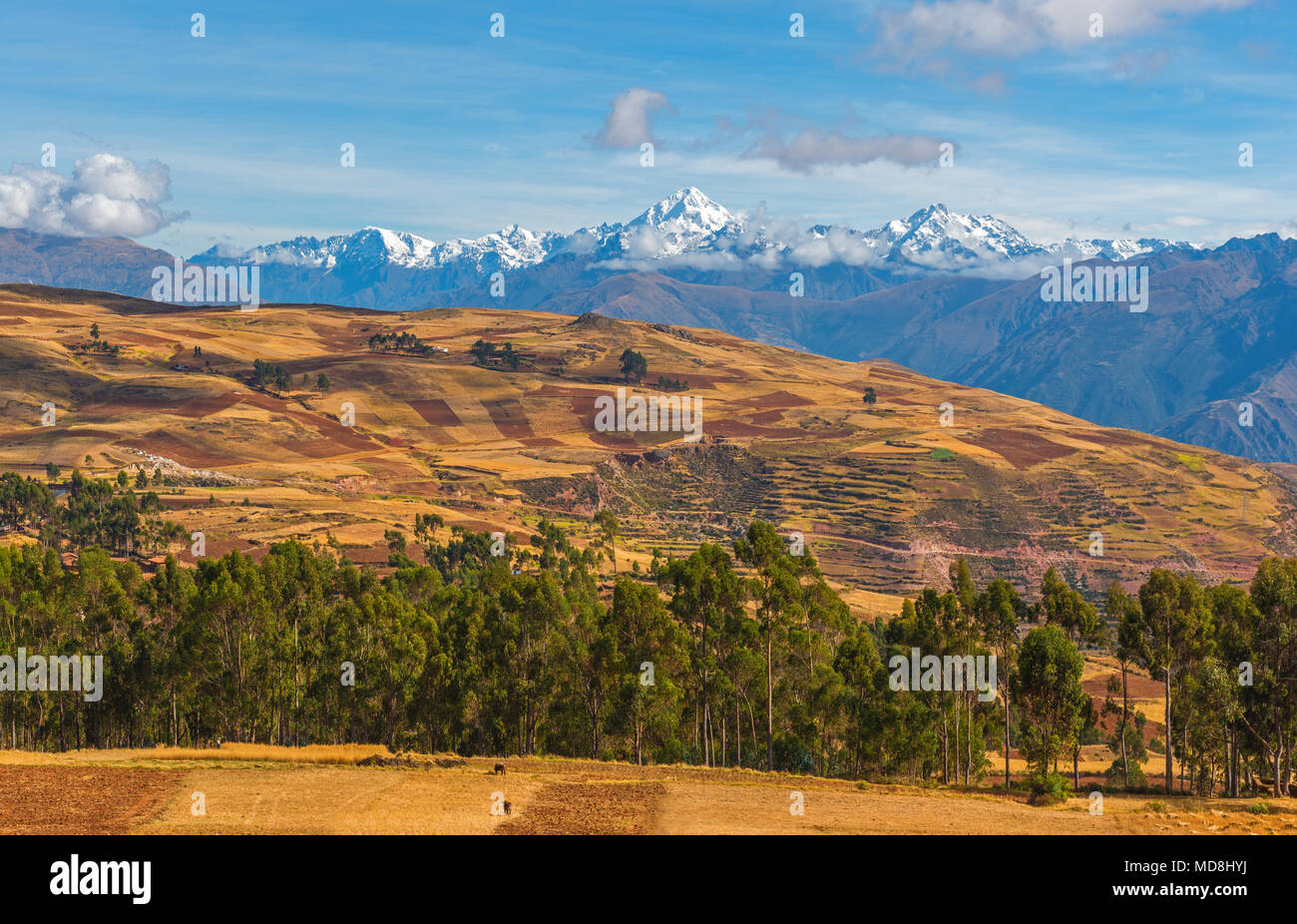 Il paesaggio della Valle Sacra degli Inca con campi di agricoltura e il vulcano Salkantay nella Cordigliera delle Ande vicino a Cusco, Perù. Foto Stock