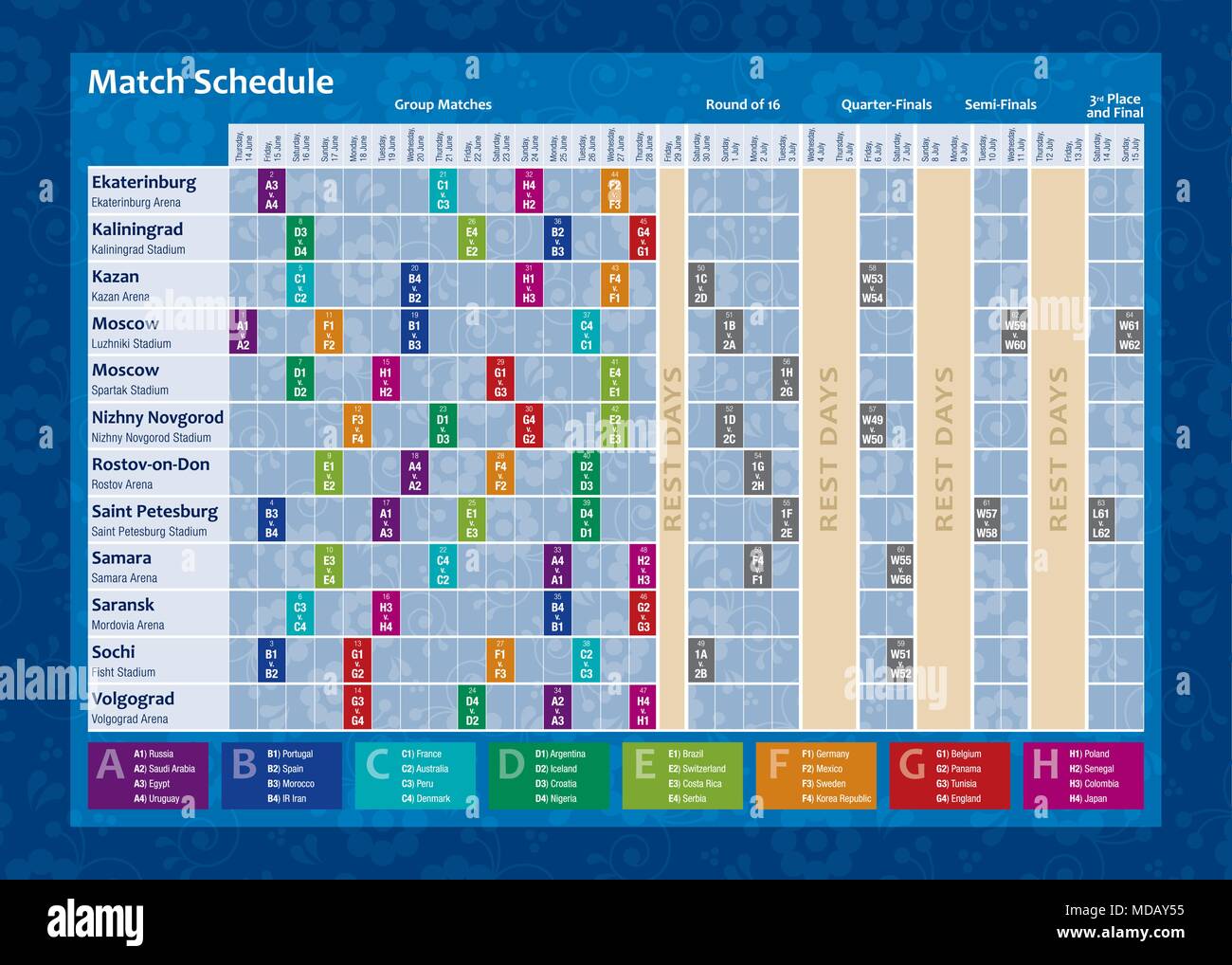 La Russia 2018 world cup calendario. Completare chronogram con la data di  ogni partita di calcio e il nome della città e lo stadio. Illustrazione  Vettoriale Immagine e Vettoriale - Alamy