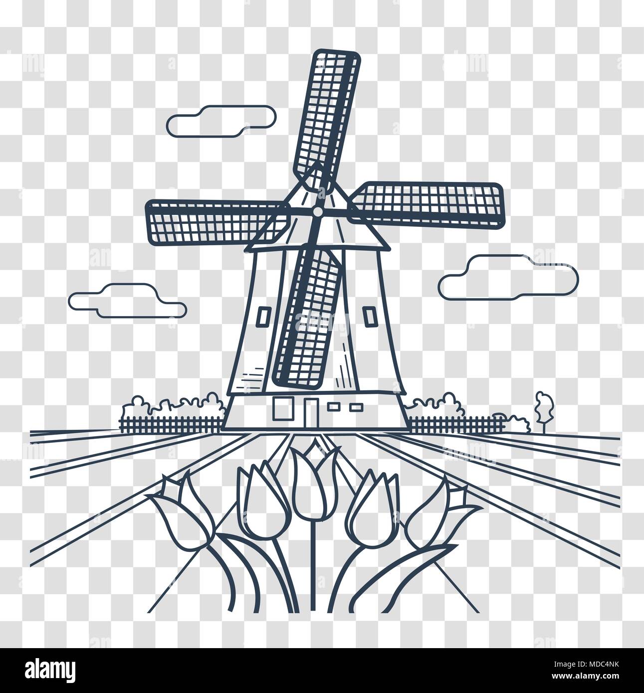 Holland tradizionale paesaggio olandese con un tipico mulino a vento e tulipani, Paesi Bassi campagna. Icona, silhouette in stile lineare Illustrazione Vettoriale