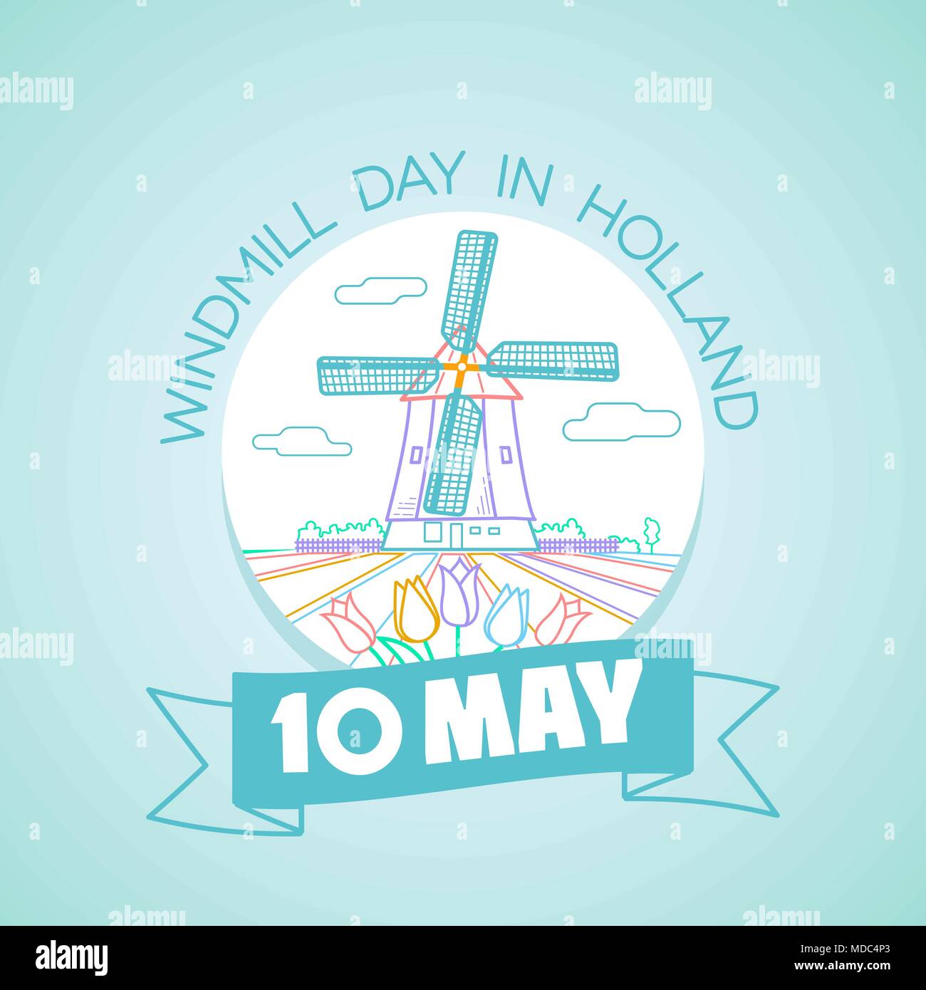 Calendario per ogni giorno il 10 maggio. Biglietto di auguri. Holiday - Giornata di Mulino a vento in Olanda. Icona di stile lineare Illustrazione Vettoriale