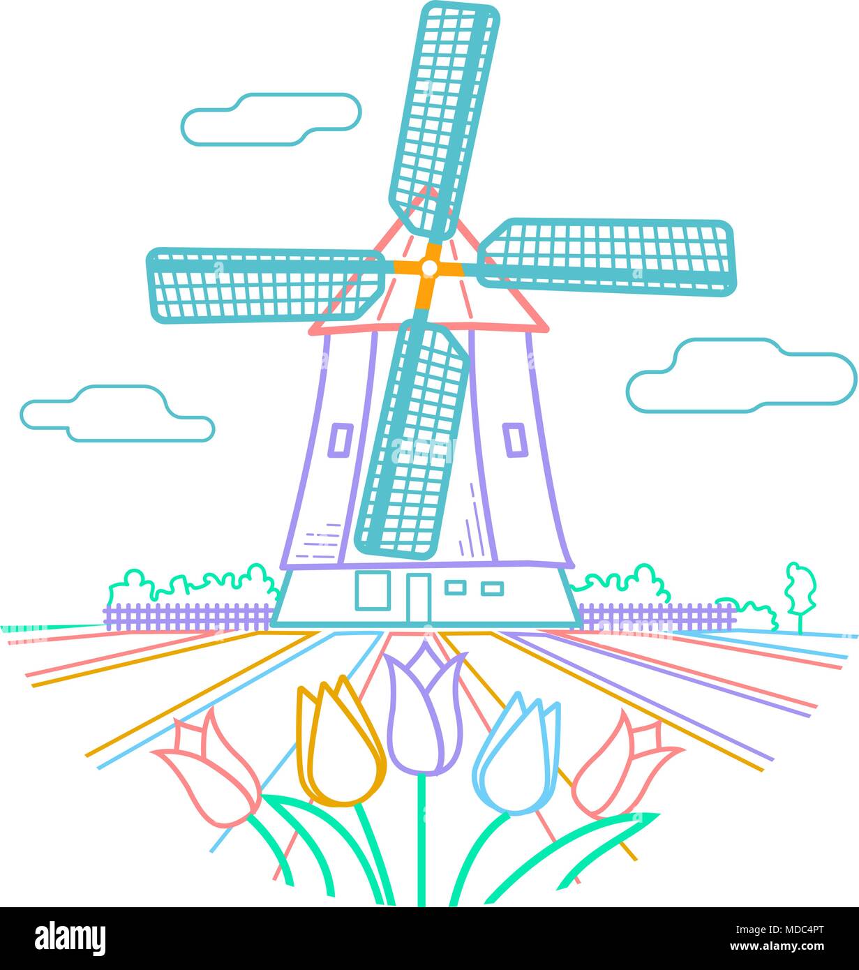Holland tradizionale paesaggio olandese con un tipico mulino a vento e tulipani, Paesi Bassi campagna. Icona di stile lineare Illustrazione Vettoriale