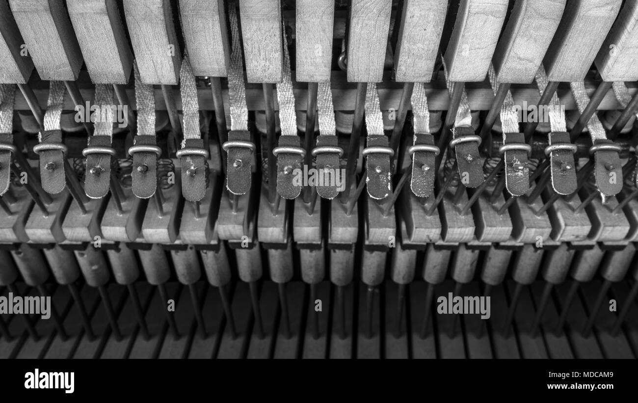 Pianoforte meccanismi interiori macro closeup Foto Stock