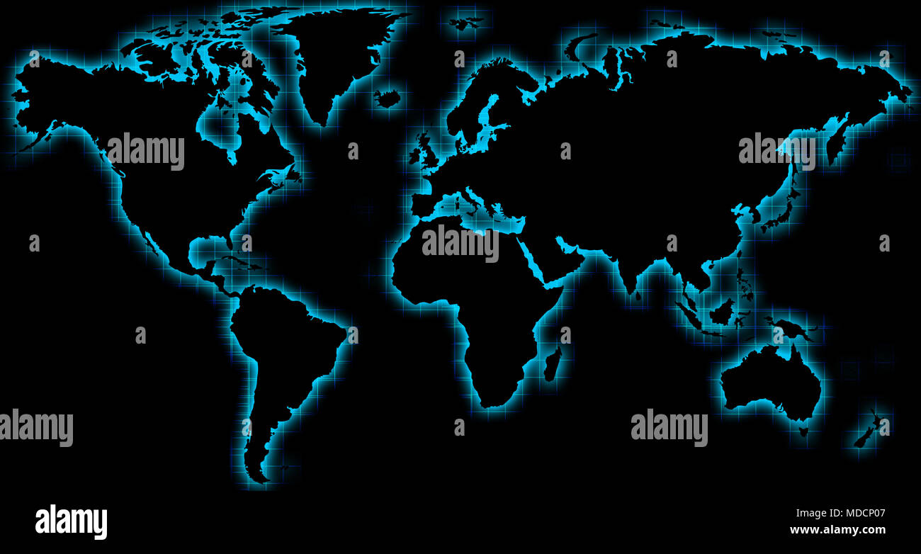 Nero mappa del mondo con alone blu Foto Stock