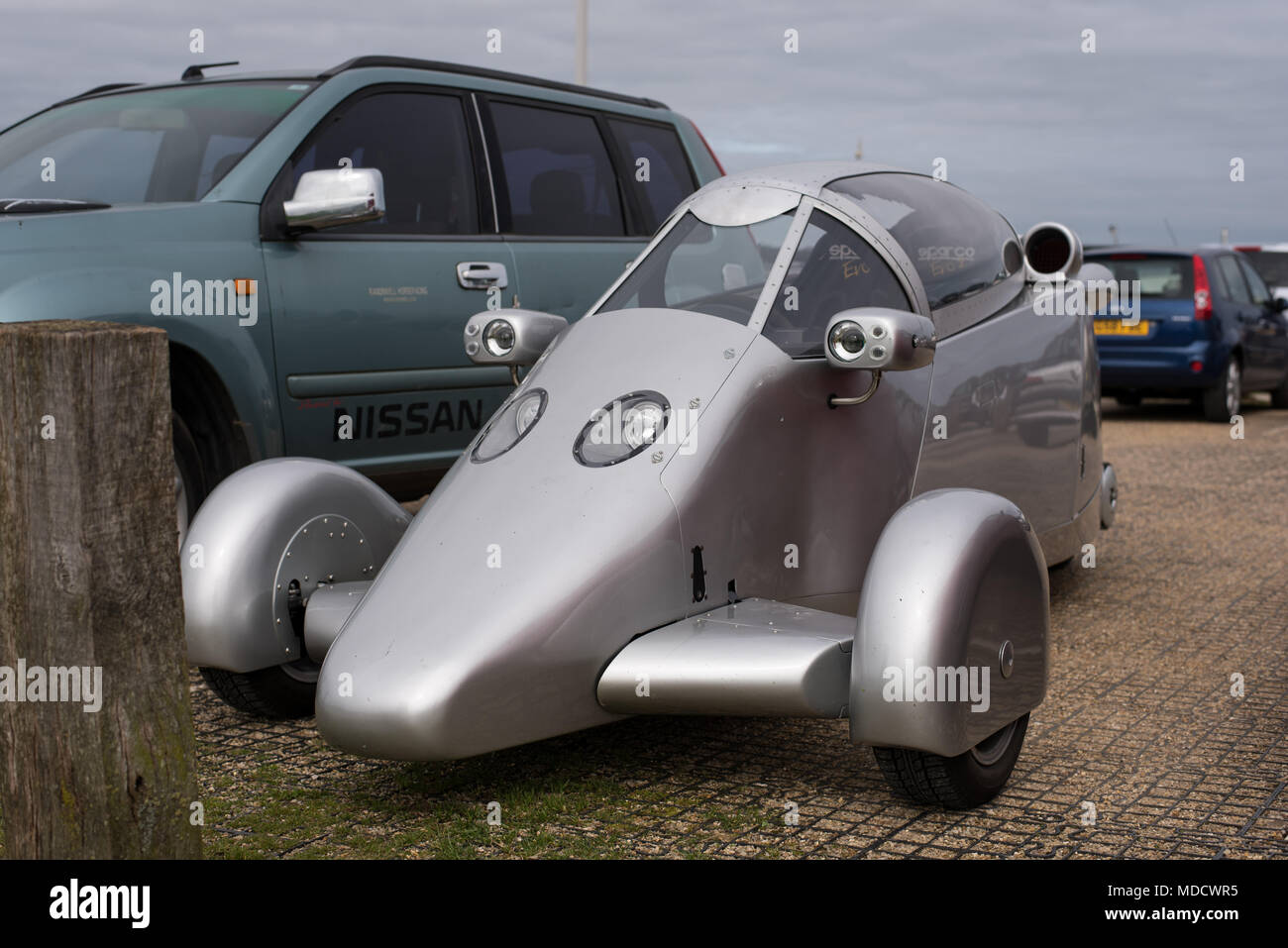 A tre ruote della motocicletta o Trike nel parcheggio auto a Dunstable Downs Foto Stock