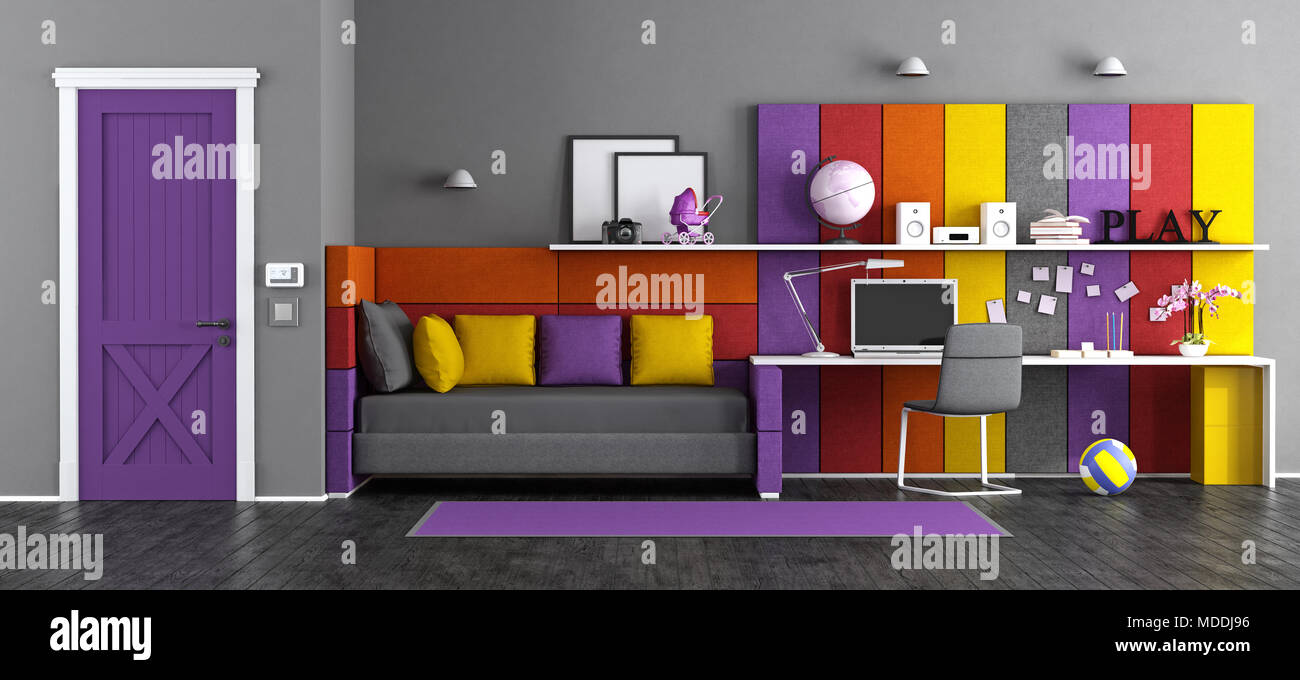 Colorato teen camera da letto con letto di tessuto,scrivania e porta chiusa - 3d rendering Foto Stock