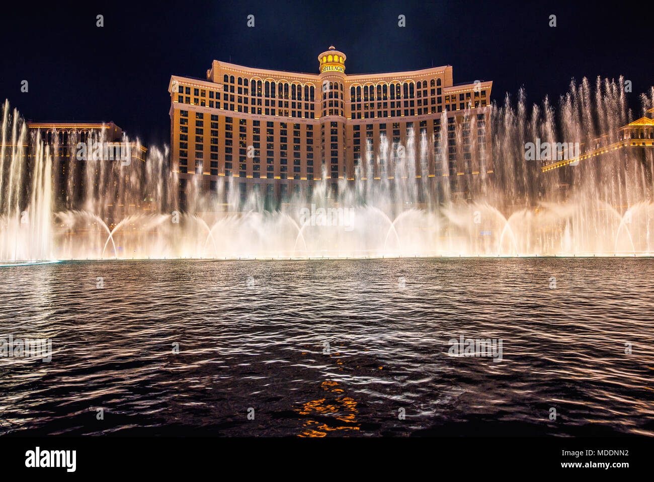 Le fontane del Bellagio in notturna a Las Vegas Foto Stock