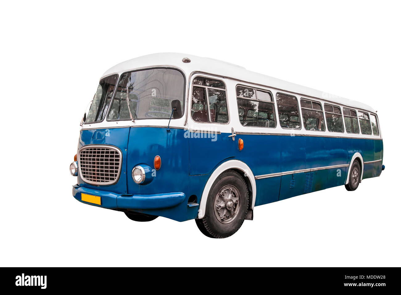 Il vecchio autobus blu isolato su bianco con percorso di clipping. Foto Stock