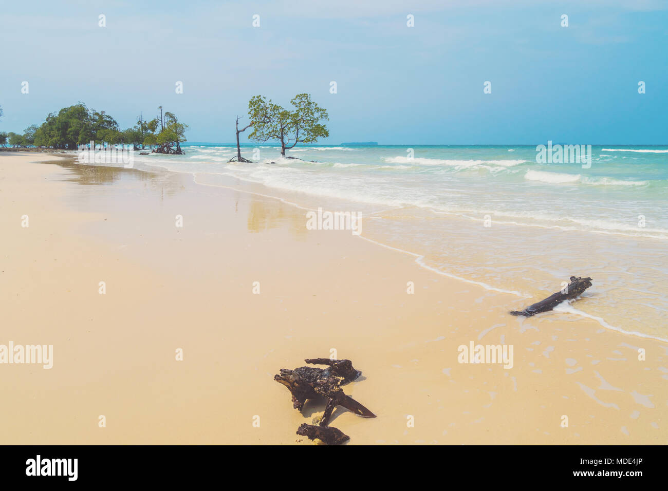 Bianco sabbia pulita sulla spiaggia di un isola deserta con un cristallo trasparente-turchesi acque cristalline. Bellissimo paesaggio esotico. Andamane e Nicobare ISL Foto Stock