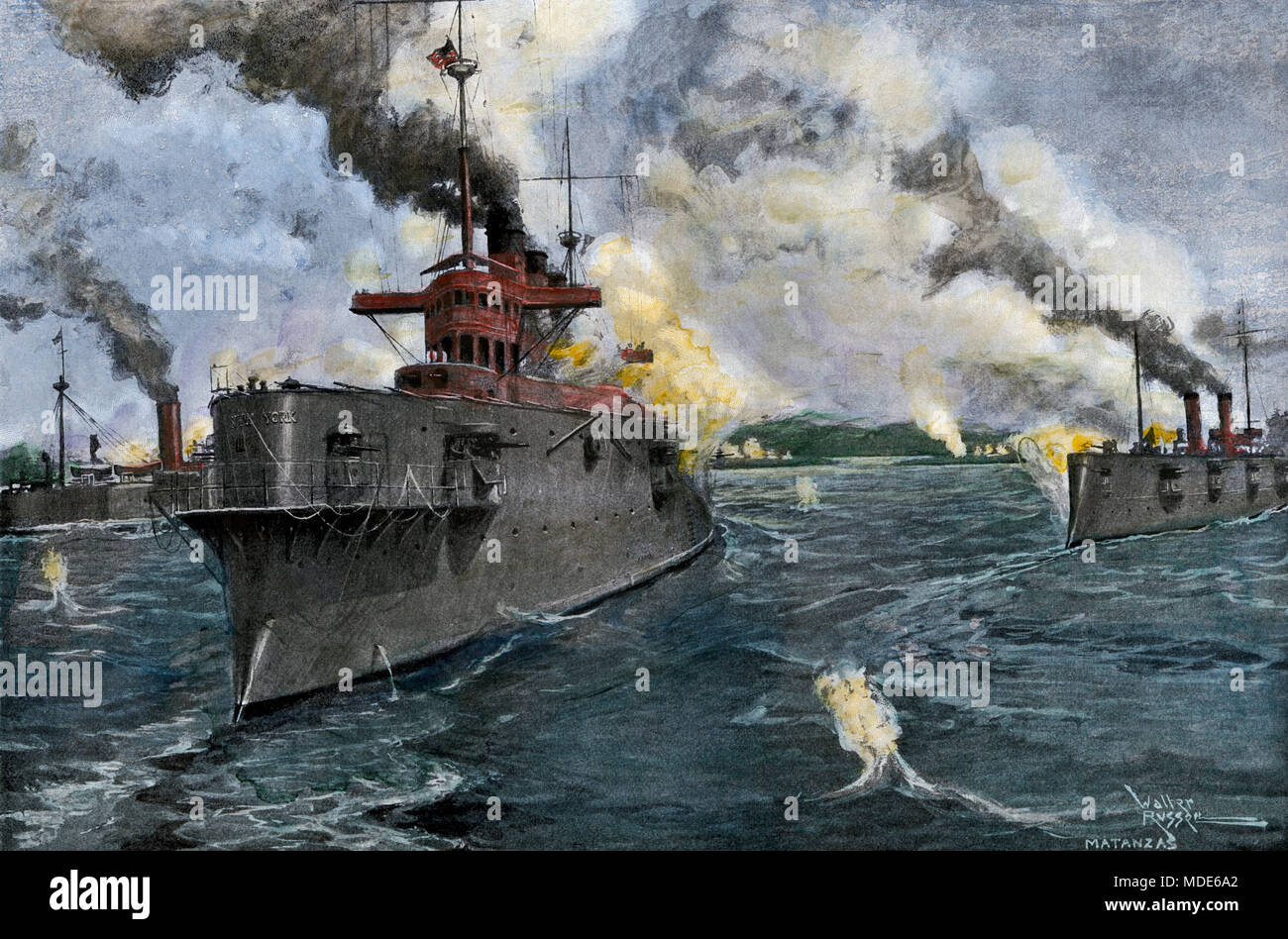 Noi Bombardamento navale di Matanzas, Cuba, durante la guerra ispano-americana, 1898. Colorate a mano di mezzitoni una illustrazione Foto Stock