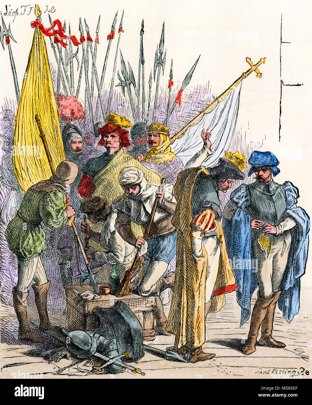 Lo spagnolo avventurieri preparare una spedizione per le miniere d'oro di Cuba, 1500s. Colorate a mano la xilografia Foto Stock