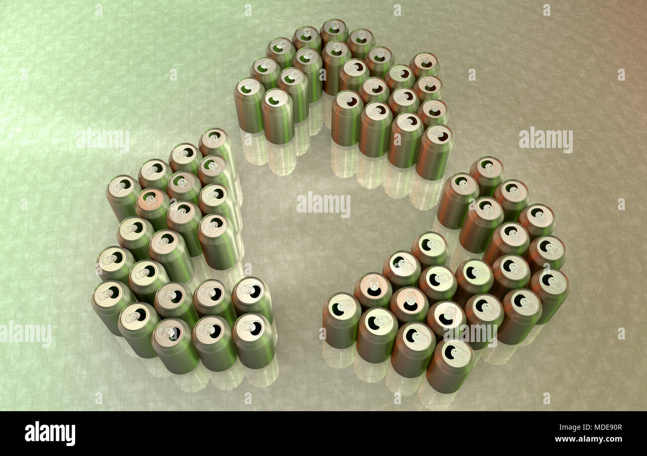 3D rendering di lattine di alluminio formante il simbolo di riciclaggio Foto Stock