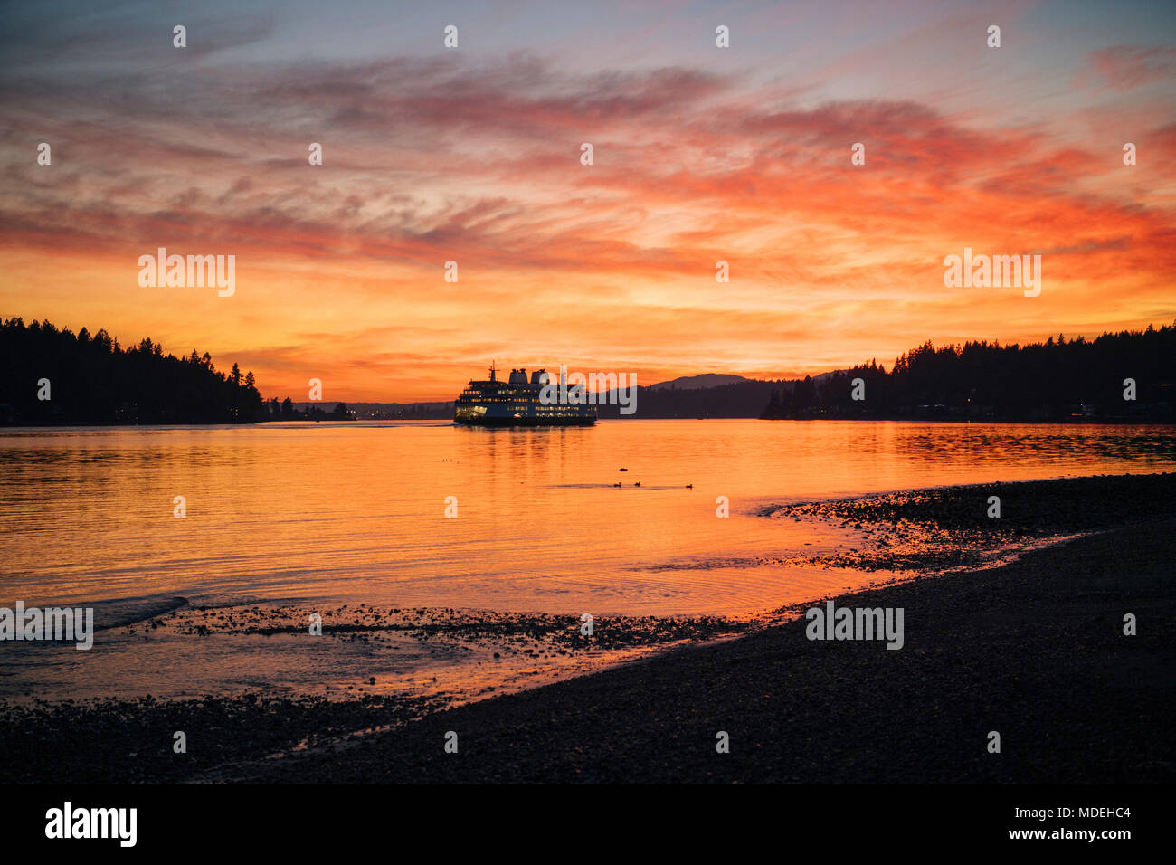 Traghetto sul Puget Sound al tramonto, Bainbridge, Washington, Stati Uniti Foto Stock