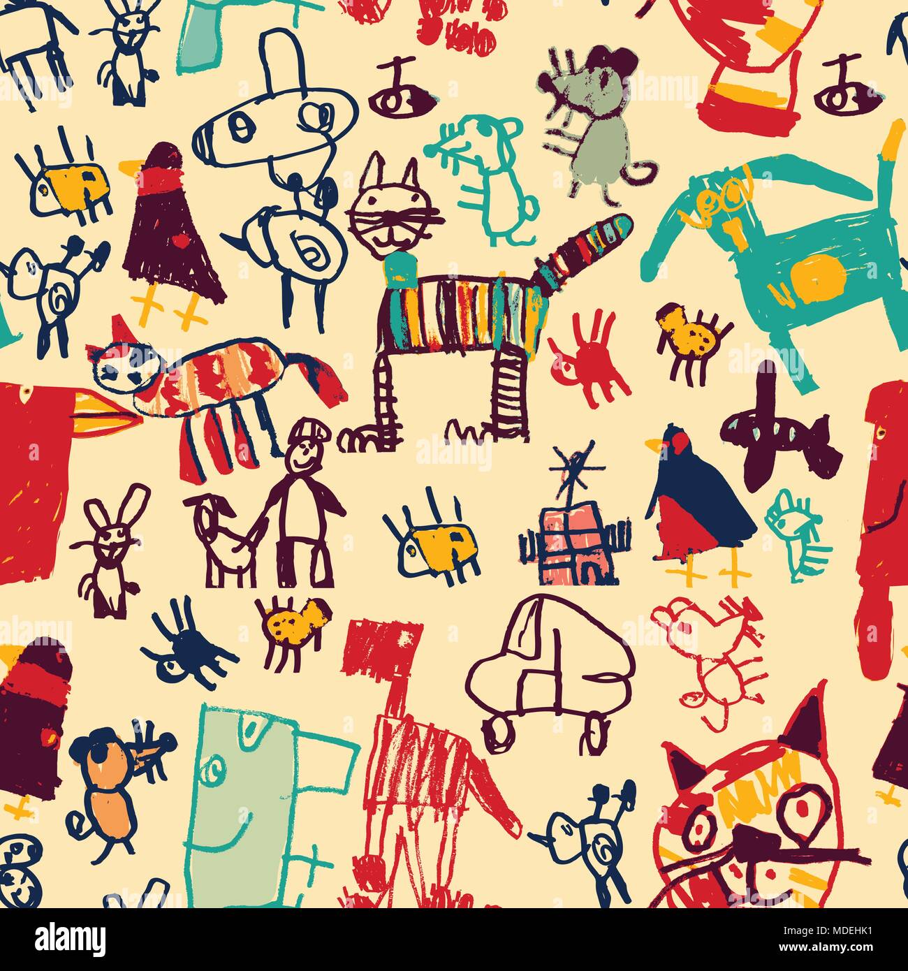 Disegno a mano di colore scarabocchi seamless pattern. Illustrazione Vettoriale
