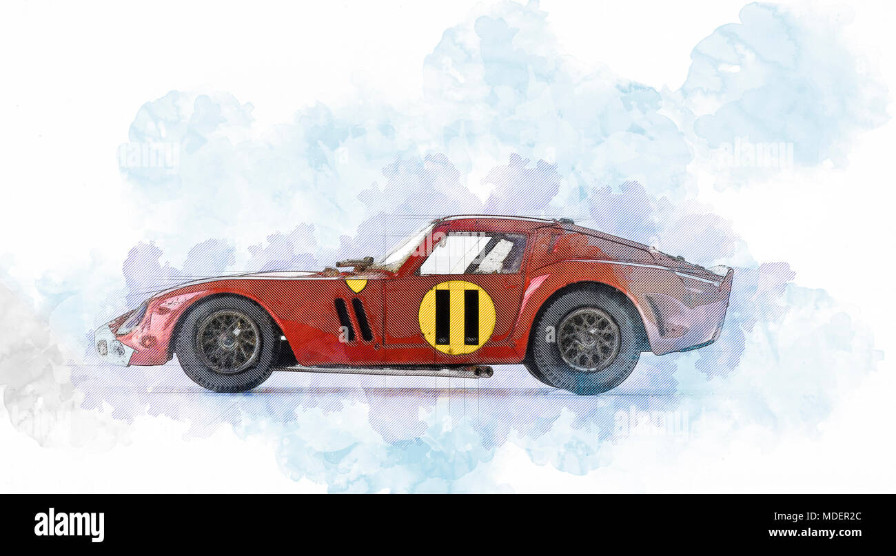 Illustrazione Di Digital schizzo di un rosso racing bolid auto Foto Stock