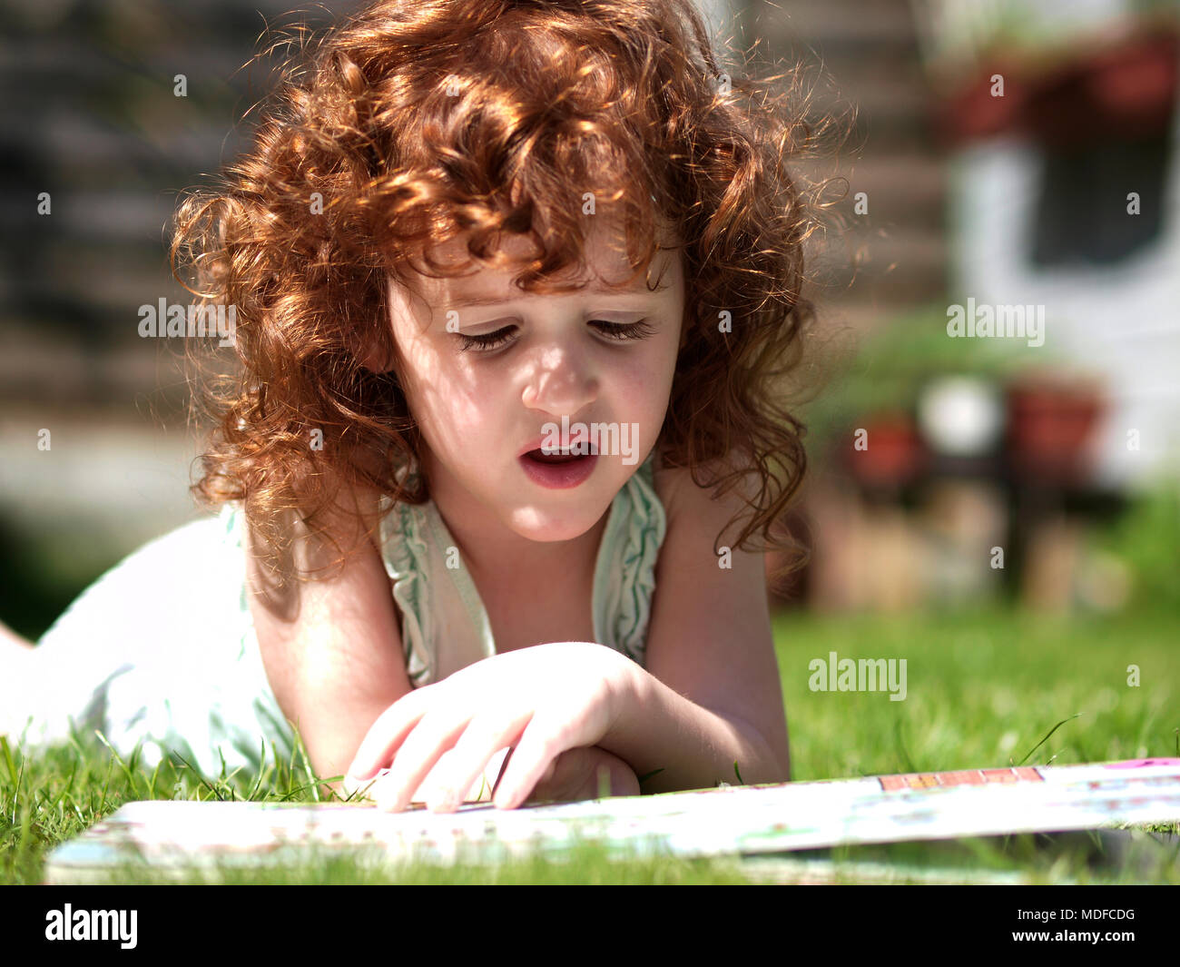 Paesaggio ritratto di un bambino di tre anni ragazza caucasica con ricci capelli auburn posa in erba in una giornata di sole mentre la lettura di un libro Foto Stock