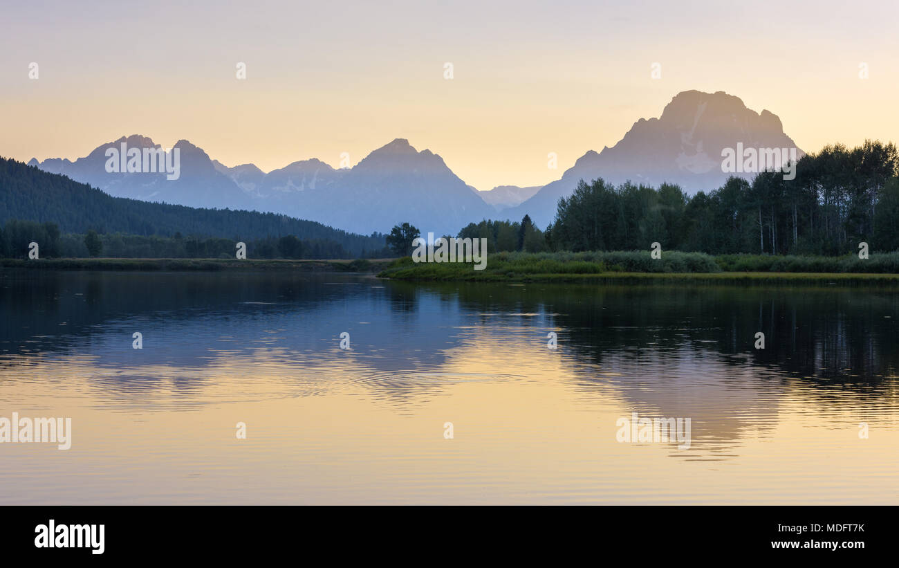 Oxbow Bend Lake al tramonto, Grand Teton National Park, Wyoming, Stati Uniti Foto Stock