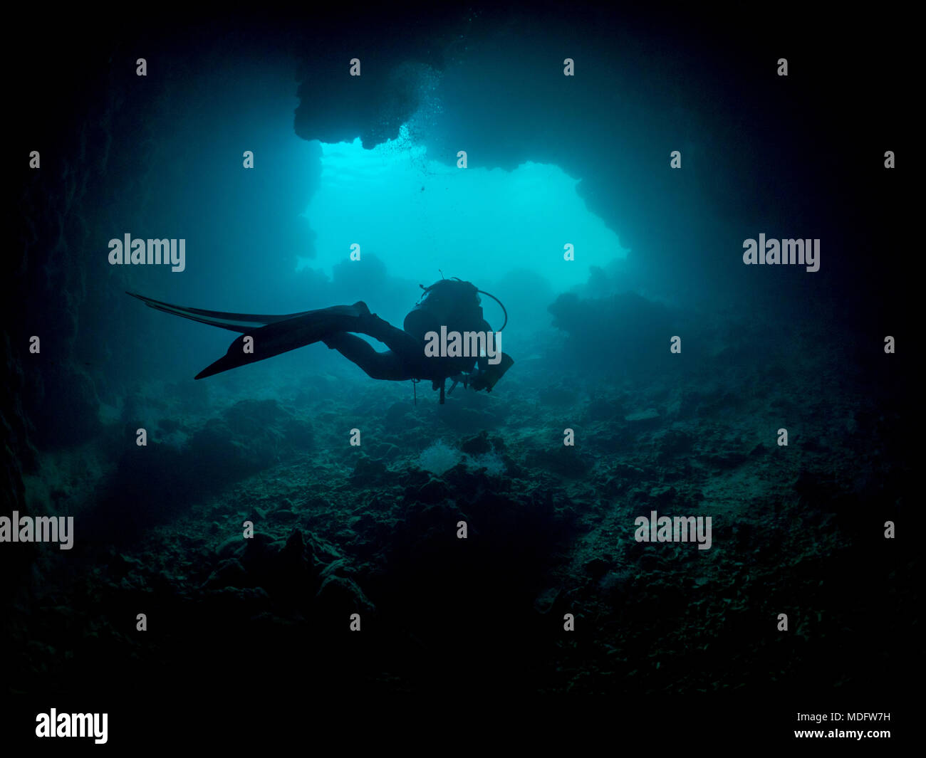 Donna che nuota attraverso una grotta subacquea, Koror, Palau Foto Stock