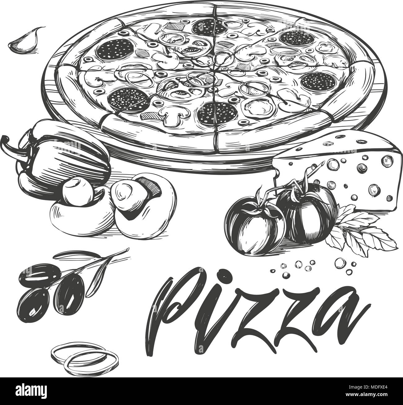 Pizza italiana , la raccolta di pizza con ingredienti, logo disegnati a mano illustrazione vettoriale disegno realistico. Illustrazione Vettoriale