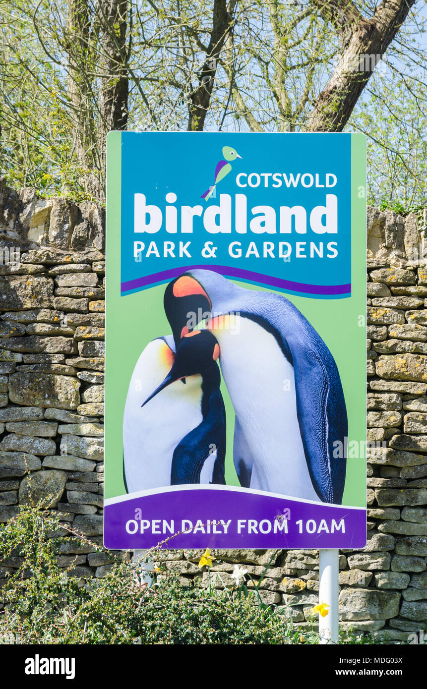 Segno per Birdland Parco e giardini nel famoso villaggio Costwold di Bourton-on-the-acqua, Gloucestershire in sole primaverile Foto Stock